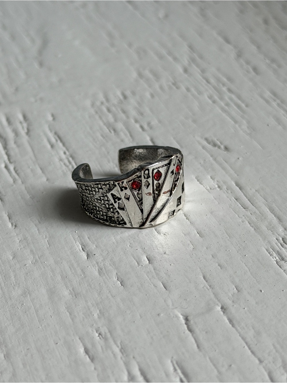 Silver Open Band Ring with Red Stone Accents